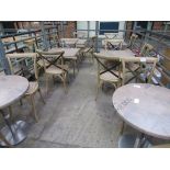 Cafe furniture, 4 square and 2 round metal pedestal chairs plus 16 burnt wood chairs.