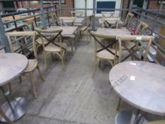 Cafe furniture, 4 square and 2 round metal pedestal chairs plus 16 burnt wood chairs.