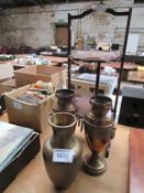 3 metal vases together with a mahogany plate stand.