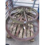 Pair original traction engine trailer iron wheels, 48 inch diameter.