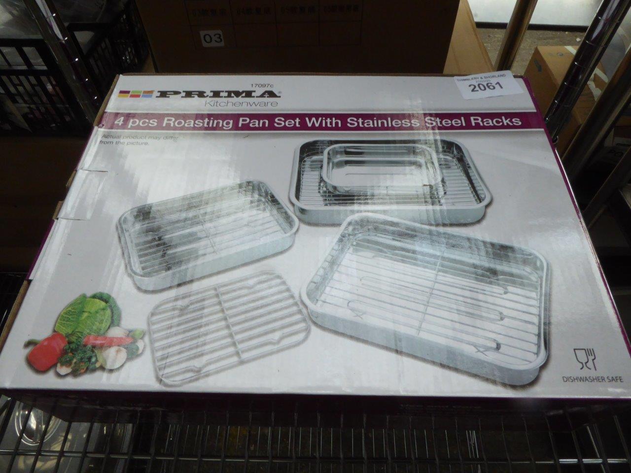 4 piece roasting pan set with stainless steel racks.