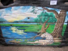 Hand painted timber panel with Tiger and Lake scene.