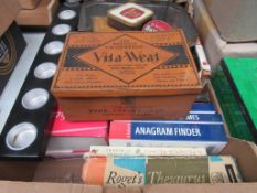 Quantity of tins; various books and a candle holder together with 3 mosaic decorated boxes.