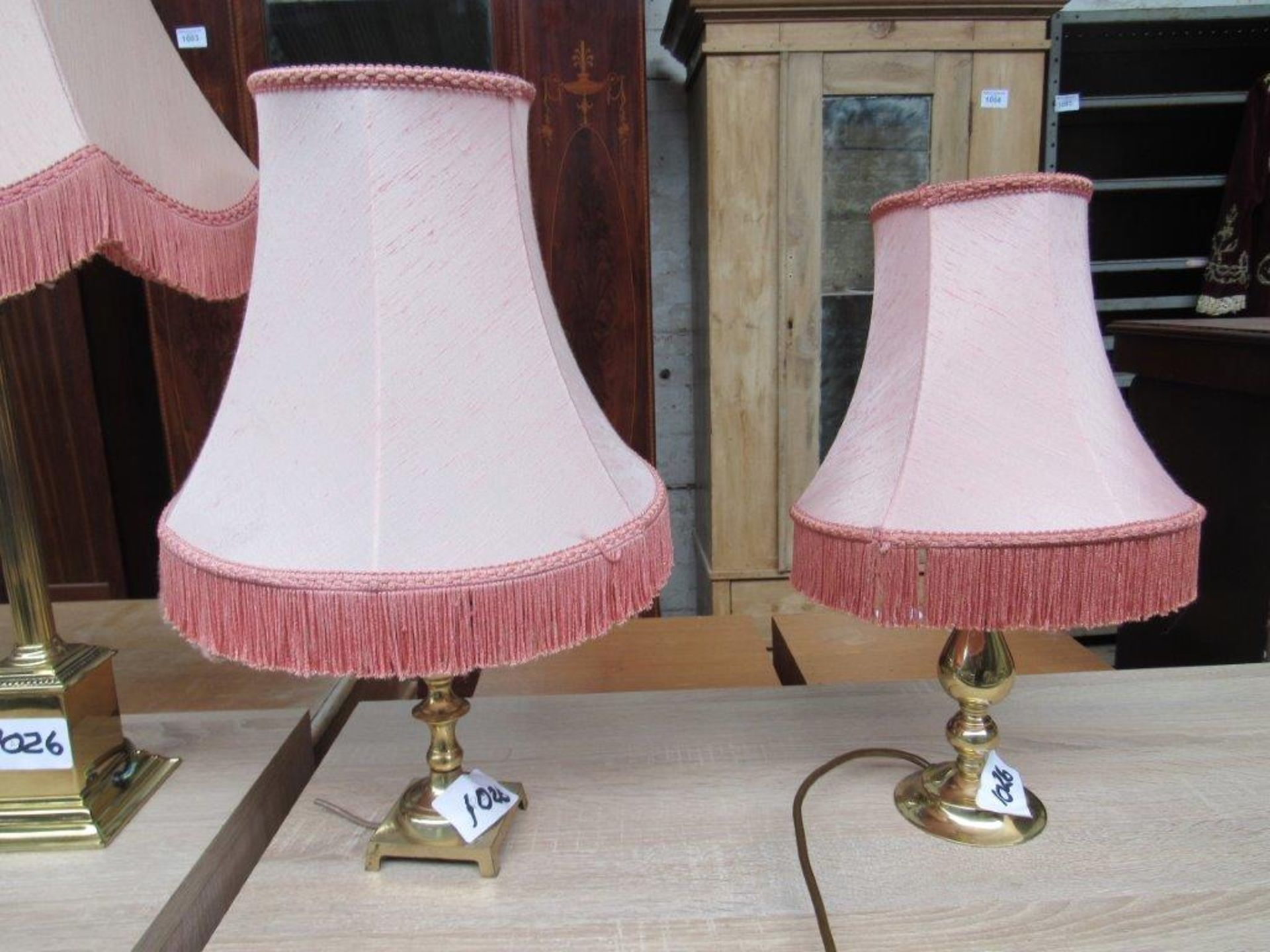 Pair of Onyx table lamps and shades, height of lamp 28cms. Brass and marble columned table lamp - Image 3 of 3