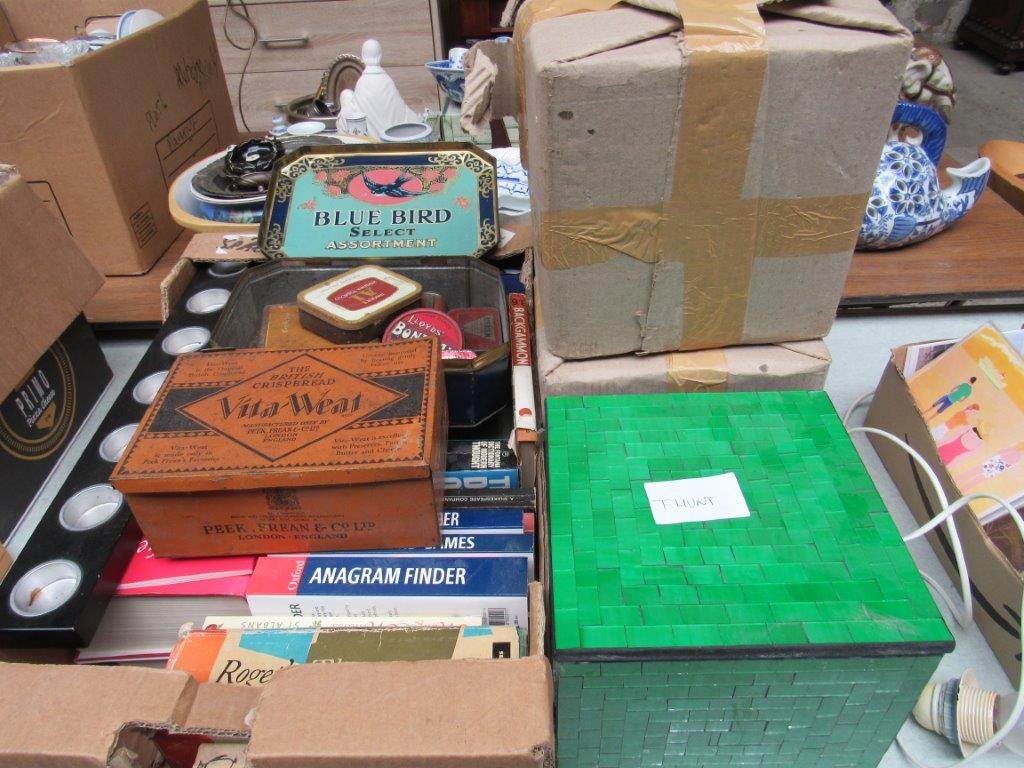 Quantity of tins; various books and a candle holder together with 3 mosaic decorated boxes. - Image 2 of 2