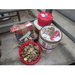 8 tins of assorted brass door furniture, casters etc.