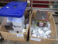 Box of pet cage drinkers; box of pet cage feeders; ceramic heater.