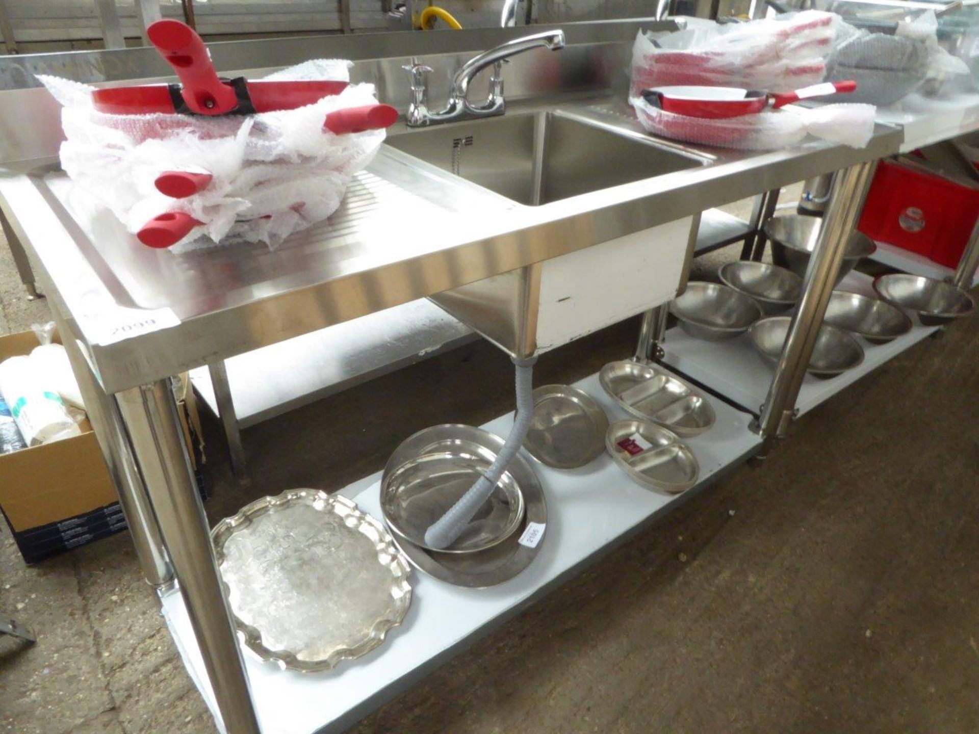 150cm centre bowl double drainer with taps and shelf.