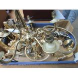 Quantity of brass ware including chandeliers, taps etc.