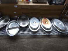 6 large stainless-steel serving dishes with lids.