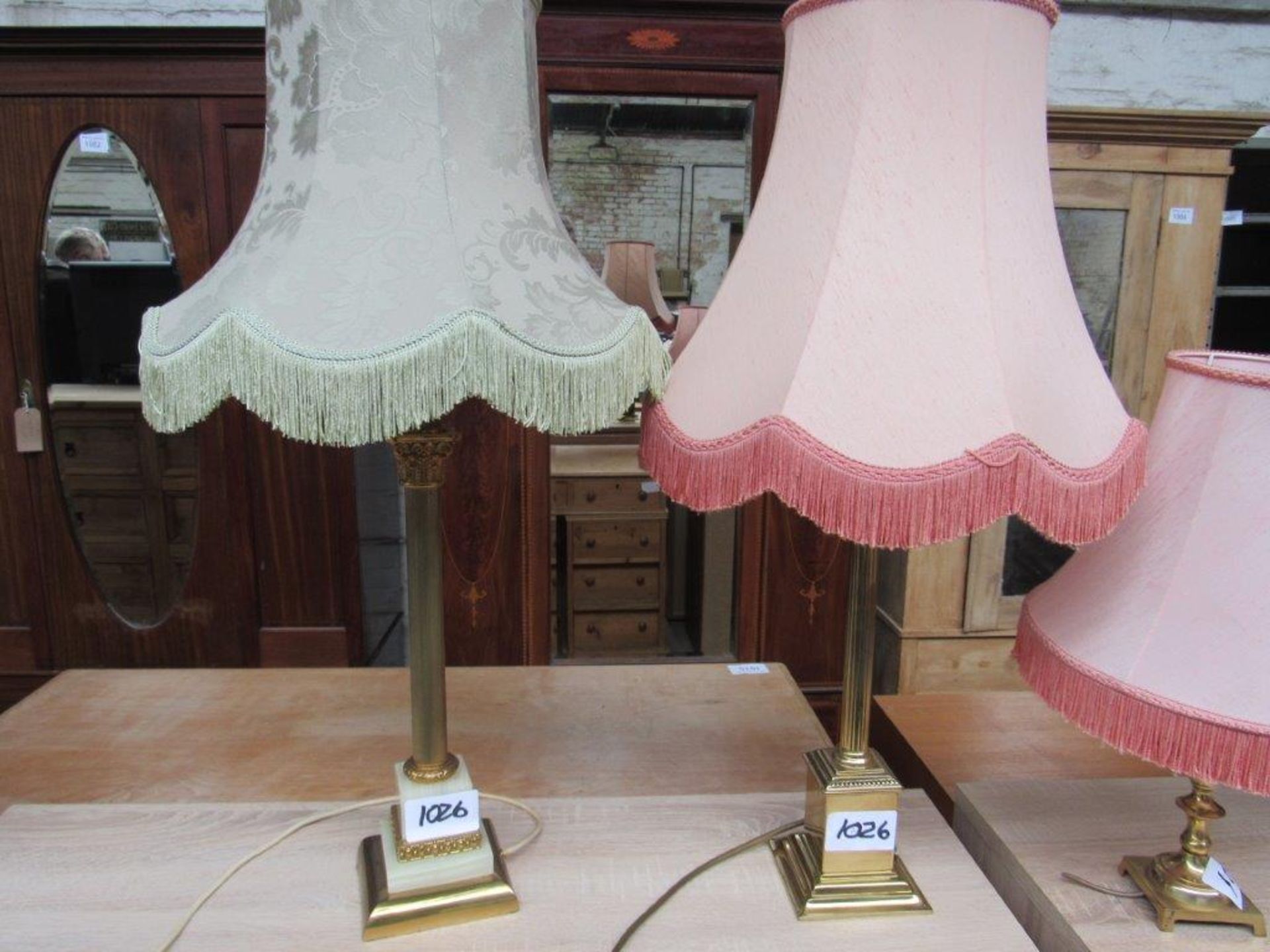 Pair of Onyx table lamps and shades, height of lamp 28cms. Brass and marble columned table lamp - Image 2 of 3