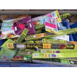 3 boxes of assorted pet accessories including reptile sun strip tubes.