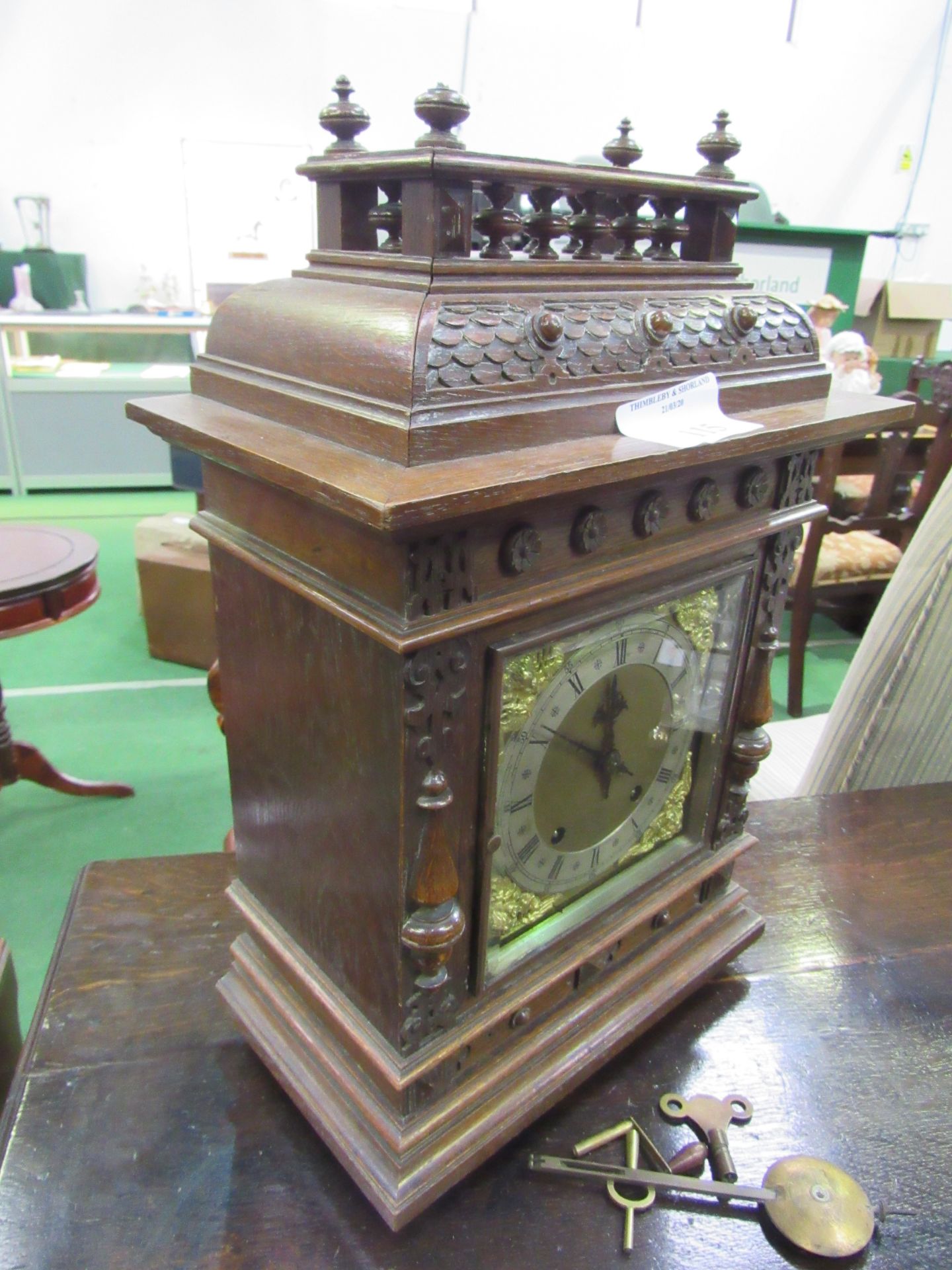 Oak cased mantel clock by W&H Son. - Image 3 of 3