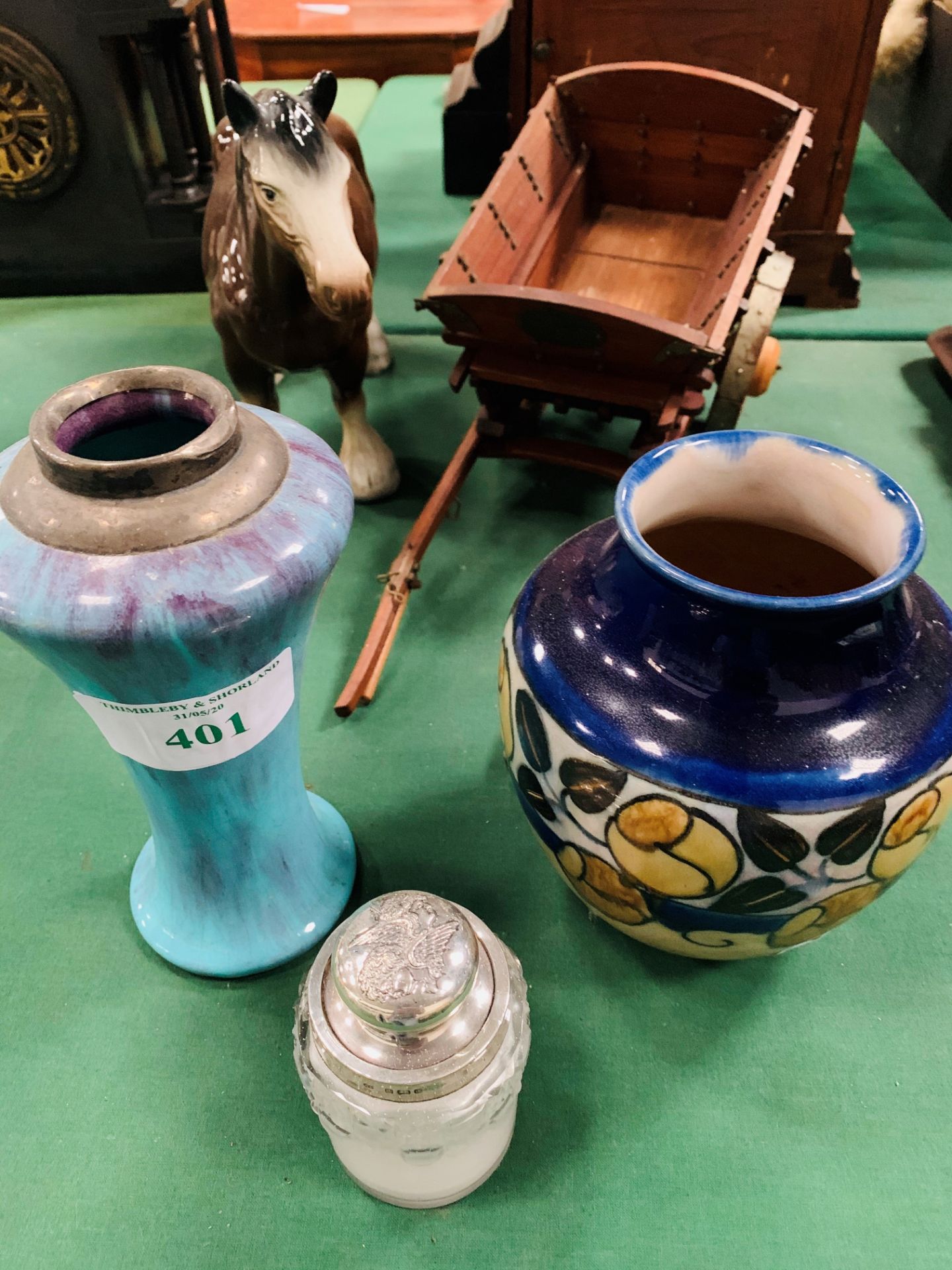 Royal Doulton vase; silver topped jar; silver rimmed vase and a china shire horse and cart.