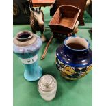 Royal Doulton vase; silver topped jar; silver rimmed vase and a china shire horse and cart.