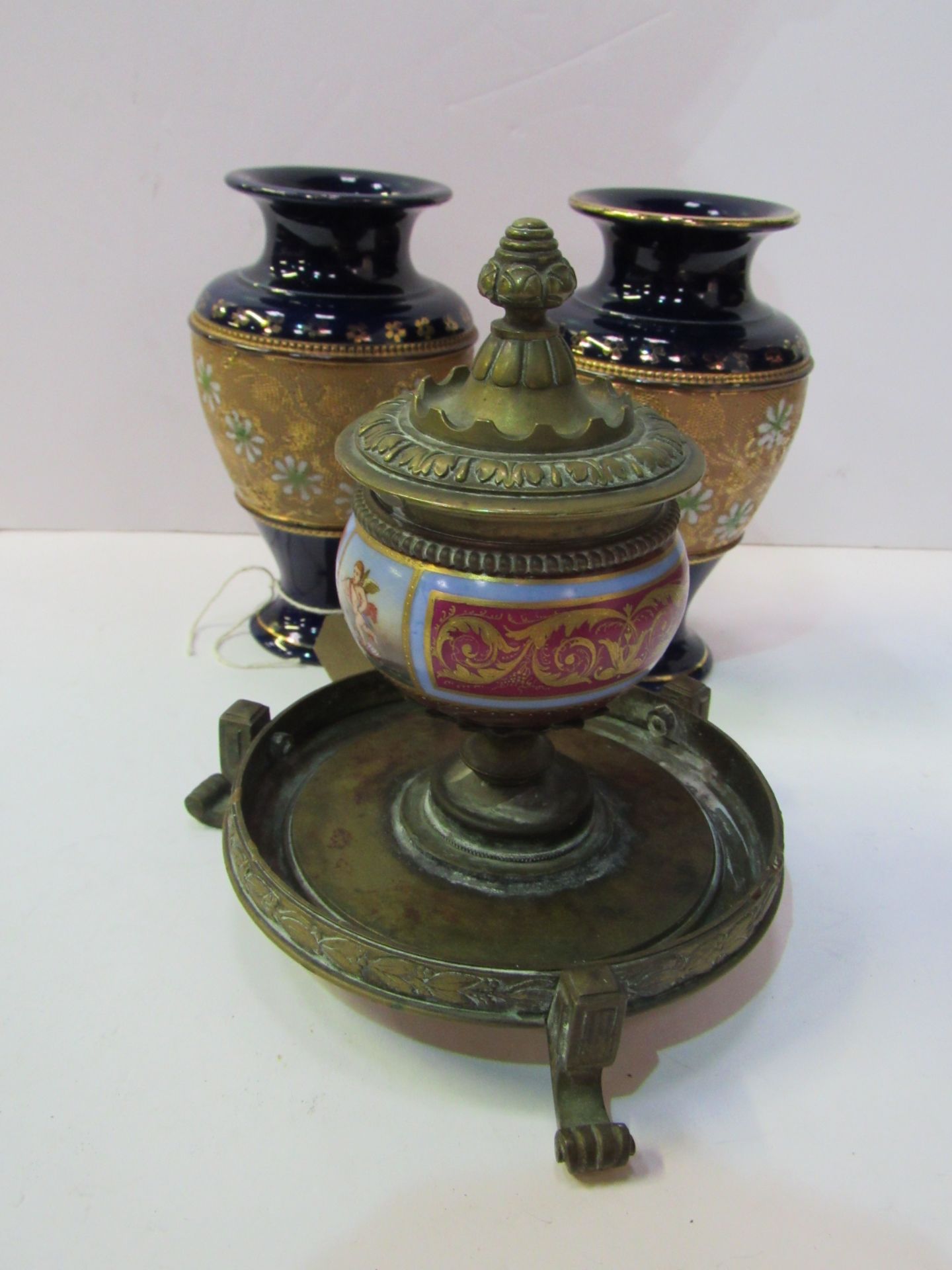 Pair of small Royal Doulton vases, height 14.5cms, together with a brass and ceramic comport. - Image 3 of 3