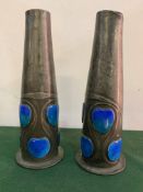 Pair of Archibald Knox for Liberty enamel on pewter vases number 0327