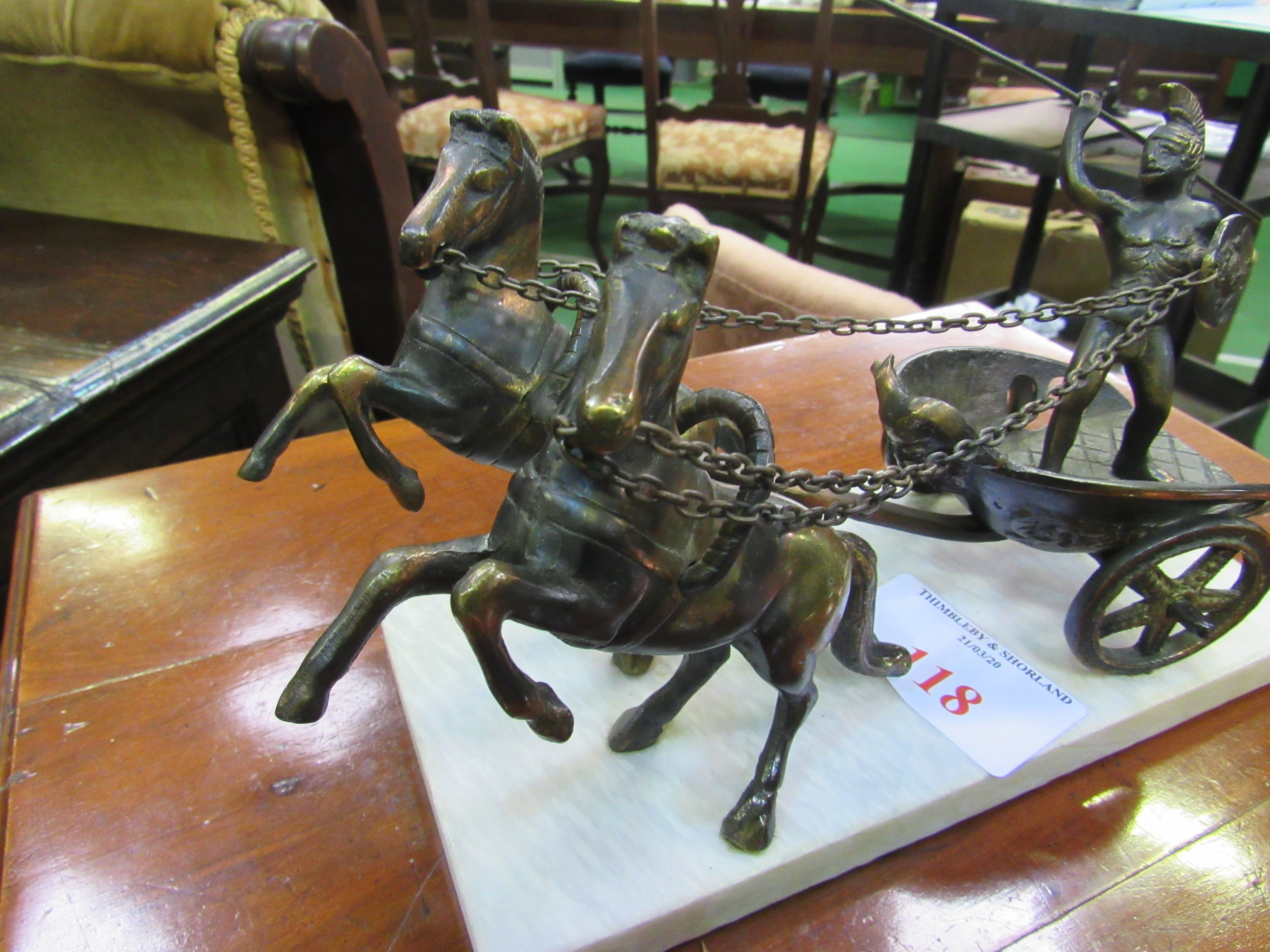 Art Deco bronze Roman Charioteer with pair of horses on white marble base. - Image 3 of 3