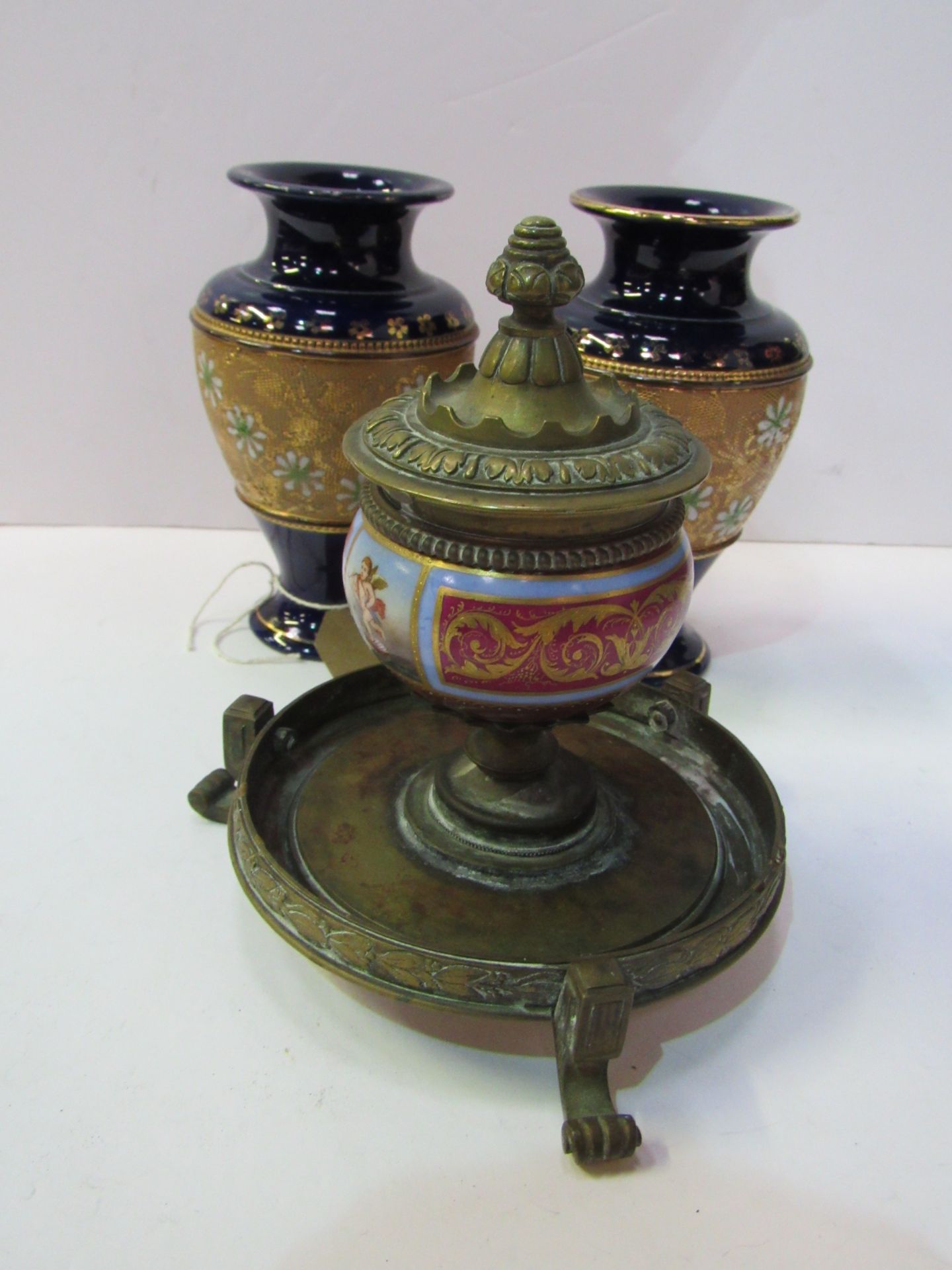 Pair of small Royal Doulton vases, height 14.5cms, together with a brass and ceramic comport. - Image 2 of 3
