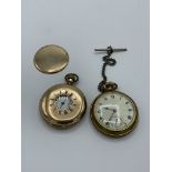 Gold plated cased half hunter pocket watch, with detached dust cover; and another