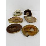 4 polished agate slice bowls; together with 2 pieces of rock crystal.
