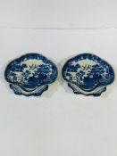 Pair of antique willow pattern side dishes, 20cms by 19cms.