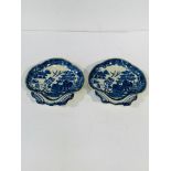 Pair of antique willow pattern side dishes, 20cms by 19cms.