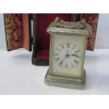 Miniature silver cased carriage clock by Ansonia Clock Co. New York in original leather-covered case