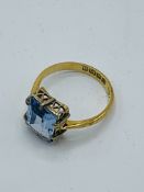 18ct gold ring set with square pale blue stone