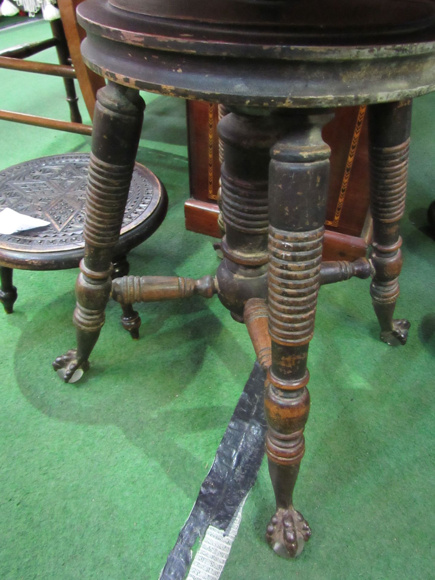 Height adjustable piano stool by Holtzman & Sons (Ohio) together with small carved foot stool. - Image 3 of 3