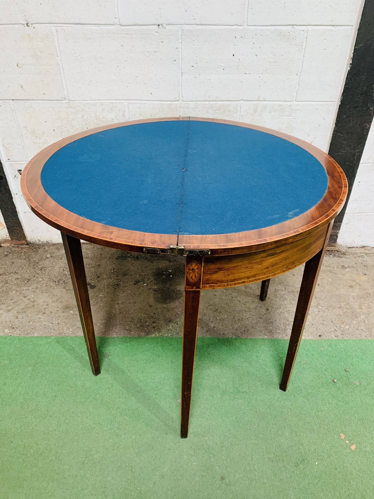 Inlaid mahogany demi-lune shaped fold-over top card table with gate leg, on tapered legs. - Image 2 of 2