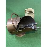 Copper coal scuttle, fire irons and stoneware jug