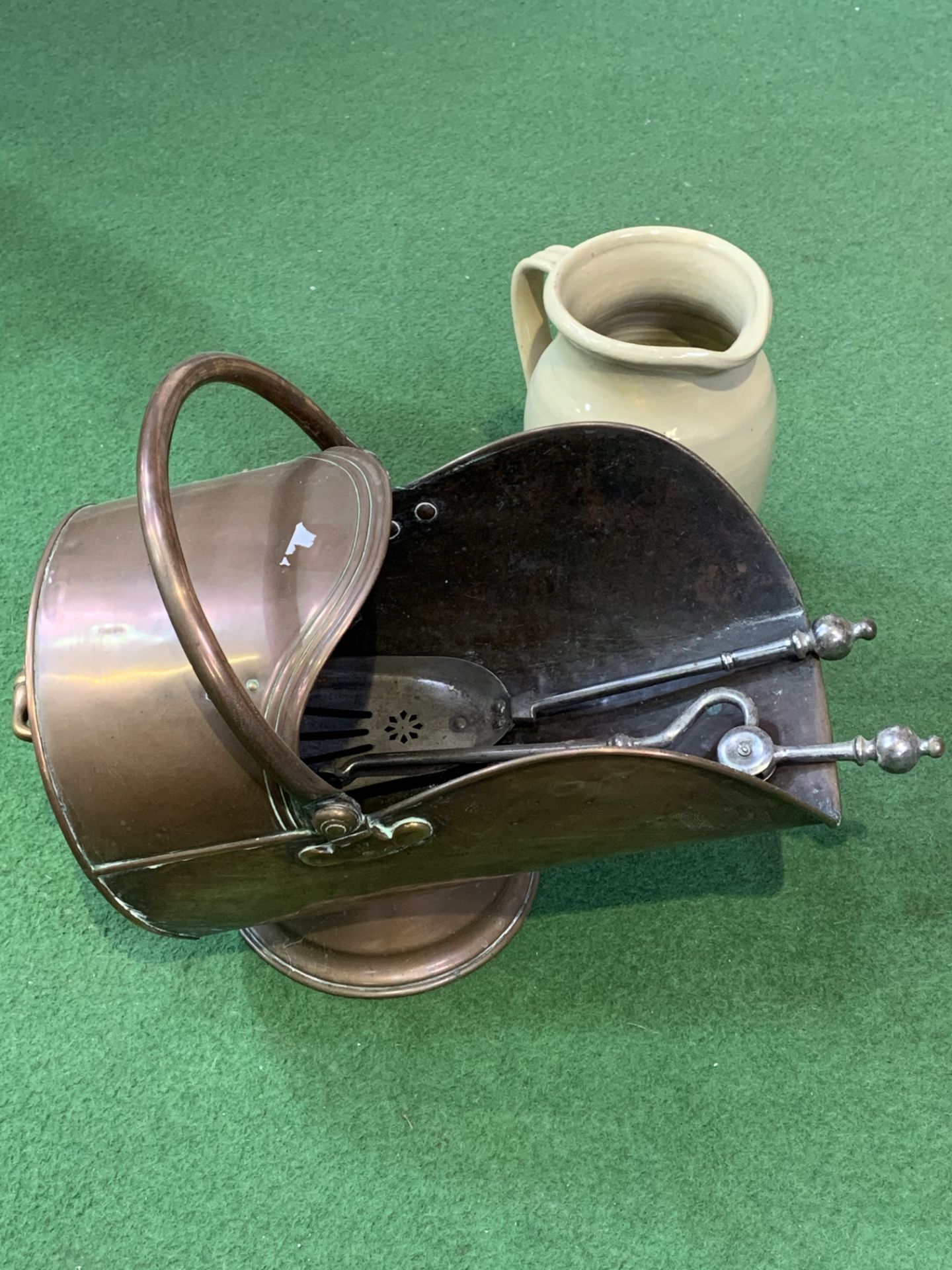 Copper coal scuttle, fire irons and stoneware jug