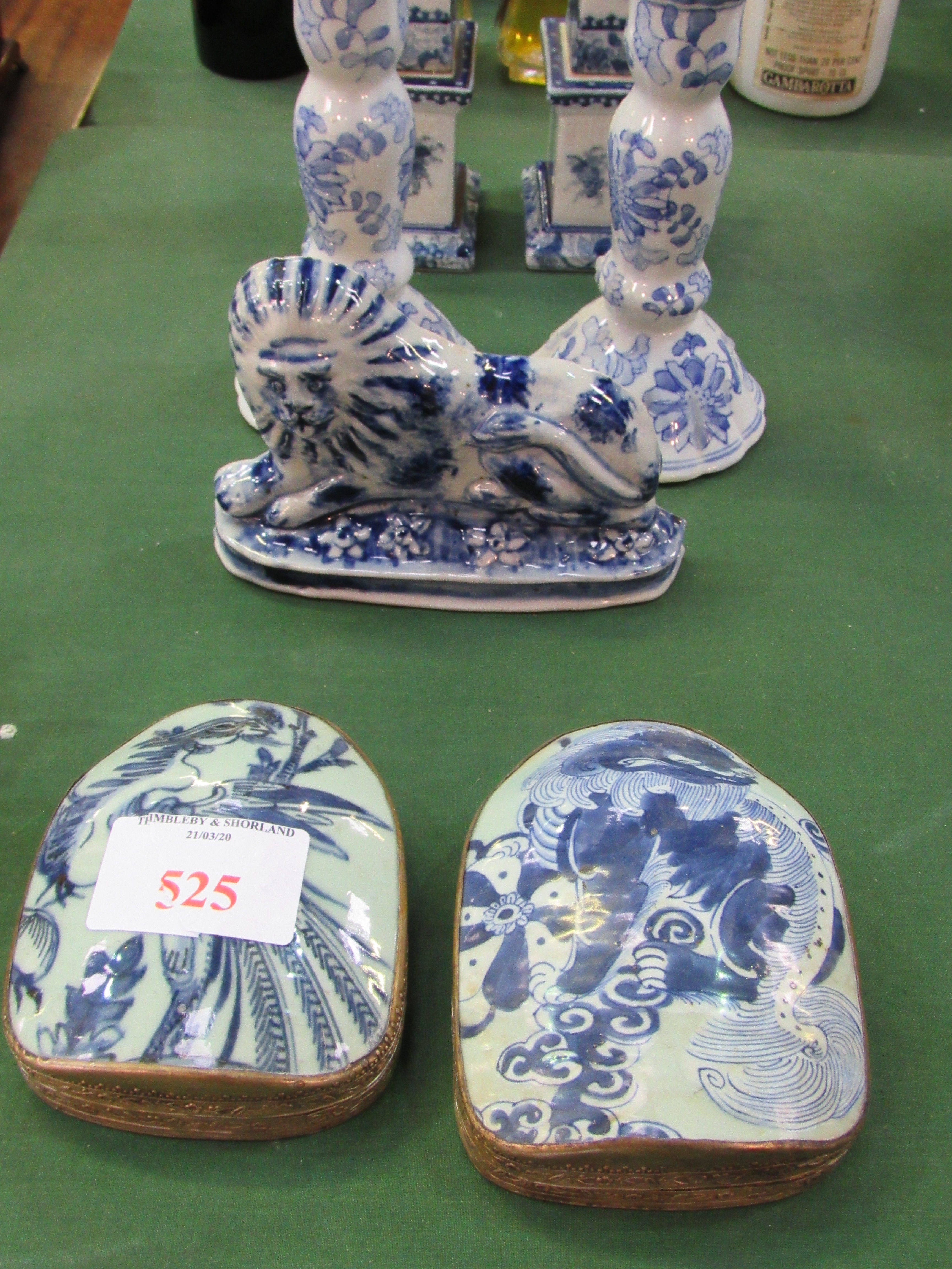 2 blue & white china obelisks/candlesticks; 2 Oriental china & metal boxes; flat back Lion figurine. - Image 3 of 3