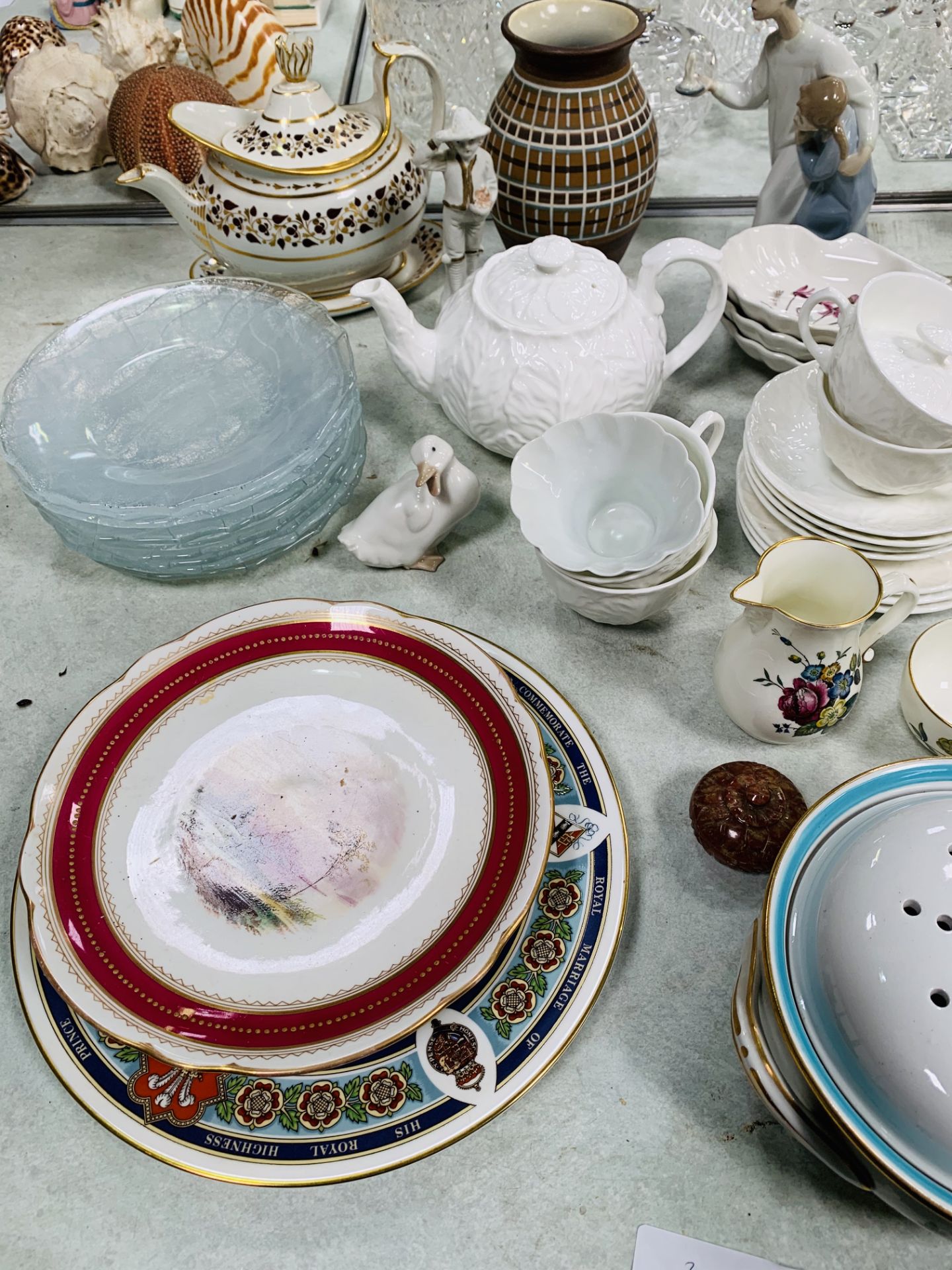 Assorted china ware including Wedgwood part tea service, a Nao figurine, other china ware, and 12 gl