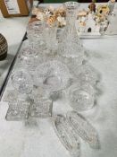 13 pieces of cut glass, including: Waterford carafe; Waterford bowl; pair of Waterford candlesticks;