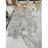 13 pieces of cut glass, including: Waterford carafe; Waterford bowl; pair of Waterford candlesticks;