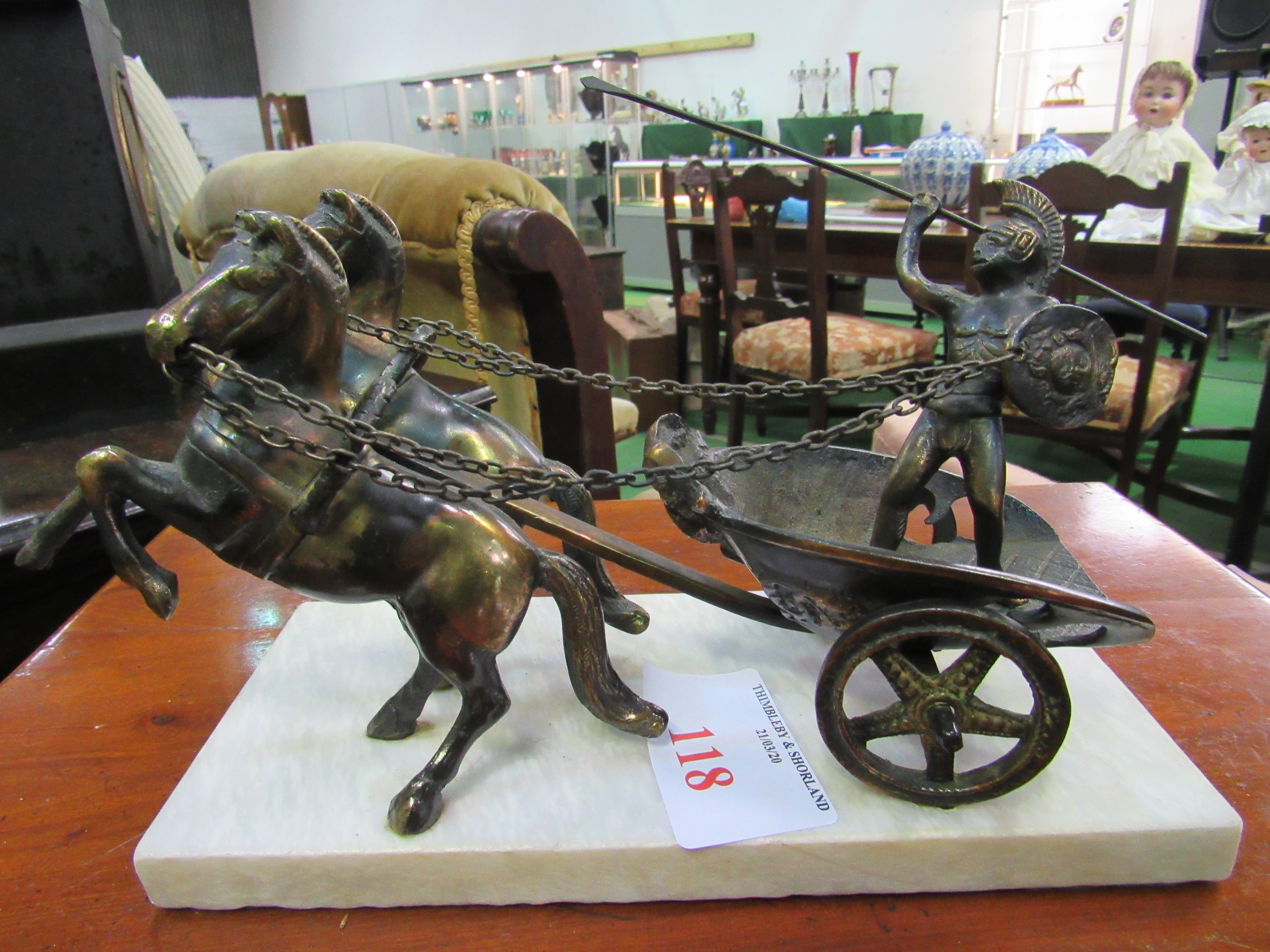 Art Deco bronze Roman Charioteer with pair of horses on white marble base. - Image 2 of 3