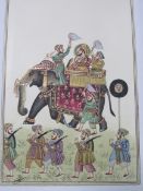 Miniature Indian watercolour of elephant and swordsmen, unframed.