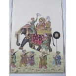 Miniature Indian watercolour of elephant and swordsmen, unframed.