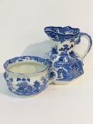 Large Mason's ironstone willow pattern jug, together with Mason's willow pattern chamber pot