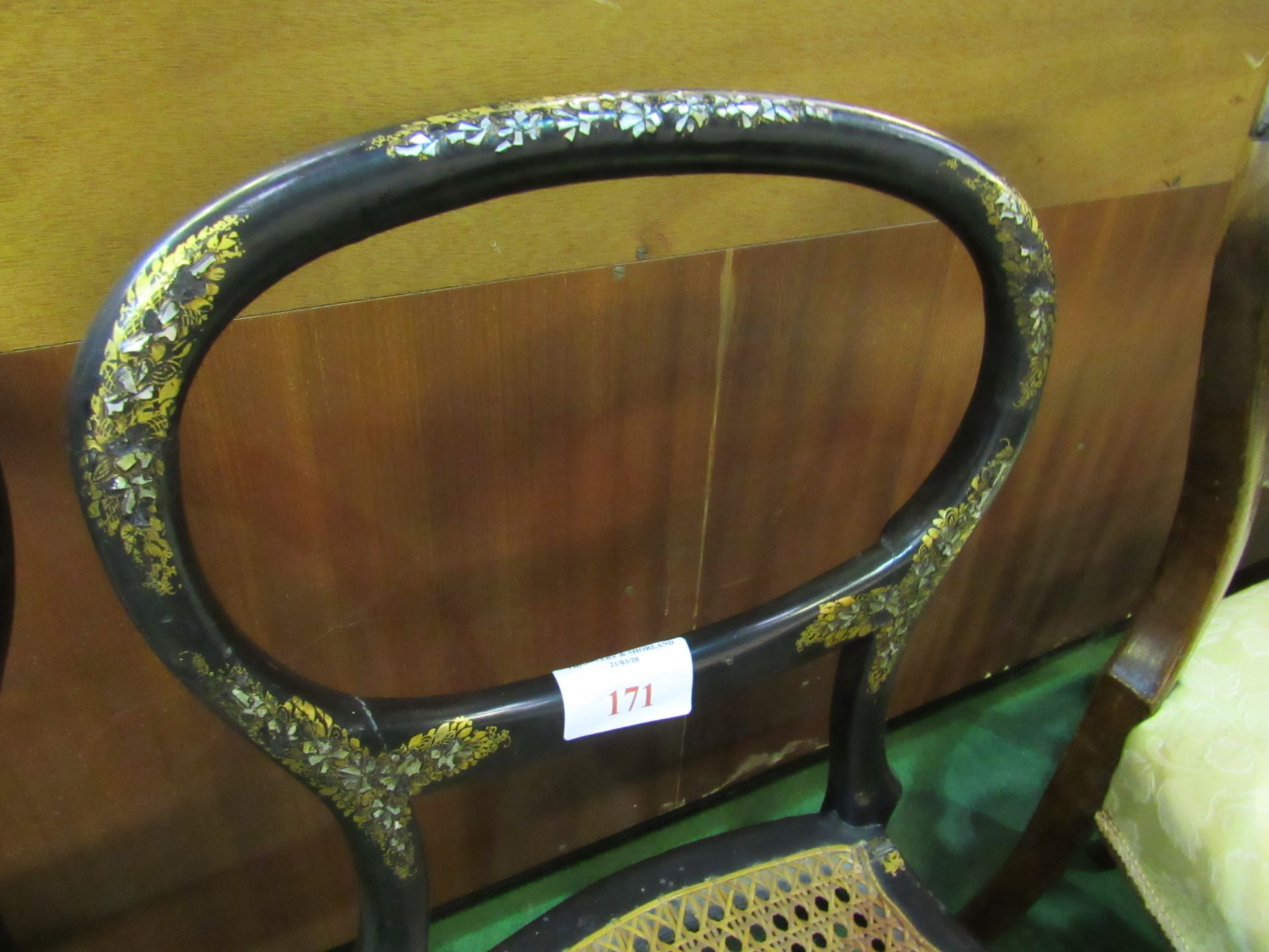 2 ebonised and mother of pearl decorated cane seat bedroom chairs. - Image 2 of 2