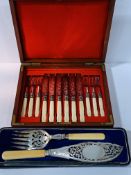 6 bone handled dessert knives and forks in original wooden box; together with silver-plated fish ser