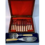 6 bone handled dessert knives and forks in original wooden box; together with silver-plated fish ser
