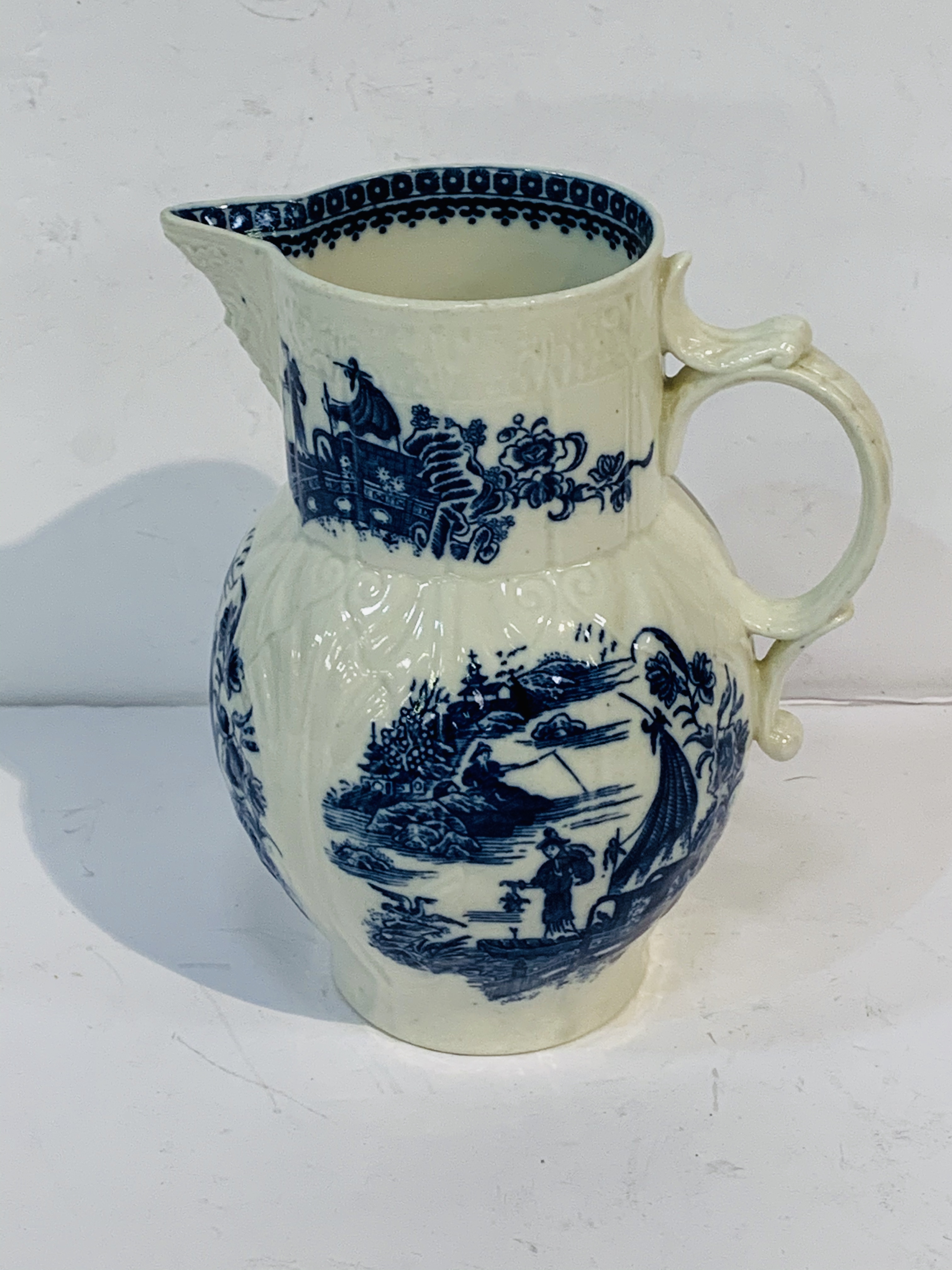 Colourful Davenport Stone China jug with serpent handle, together with a blue and white "mask" jug. - Image 2 of 2