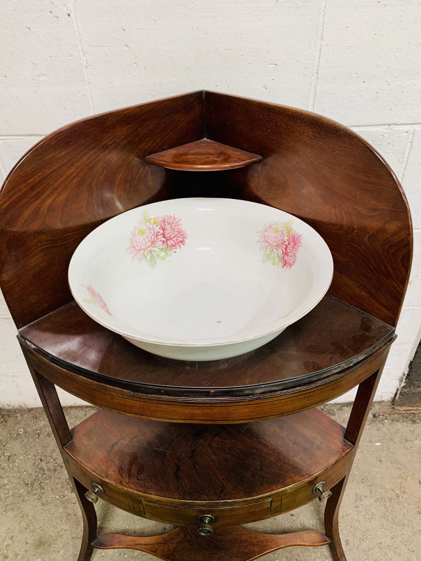 Mahogany 3 tier corner wash stand, drawer to middle tier, complete with ceramic bowl. - Image 2 of 2