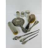 Silver backed dressing table mirror, hair brush, clothes brush; silver handled shoe horn and 3 butto