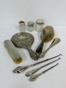 Silver backed dressing table mirror, hair brush, clothes brush; silver handled shoe horn and 3 butto