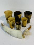 5 horn beakers; horn ornament; meerschaum pipe.