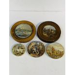 Five 19th Century pot lids 2 wooden frames